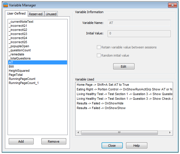 Variable Manager – Unused Tab