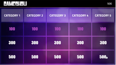 Gameshow template for Storyline, showing main board