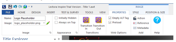Logo Placeholder image Properties on the Ribbon view, showing the Empty ALT Tag checked ON