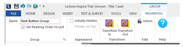 Properties of an Action Group in Ribbon View, showing the Set Reading Order to Last property checked ON