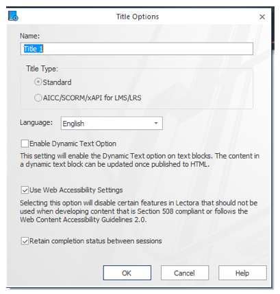 Title Options showing the Use Web Accessibility Settings checkbox checked ON