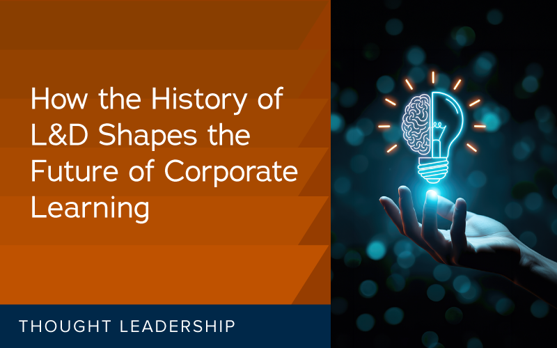 Blog title: "How the History of L&D Shapes the Future of Corporate Learning" with featured blog image shining light bulb over an open hand