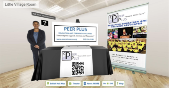 Virtual booth with cutout character, QR code, and virtual posterboard.