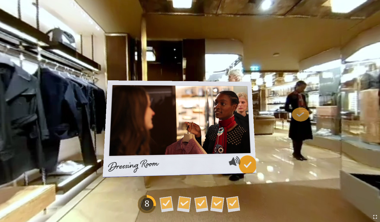Image from a mobile-friendly, immersive 360 training course created for Fendi. Polaroid-style frame with a video inside it showing a customer leaving clothes in a dressing room.