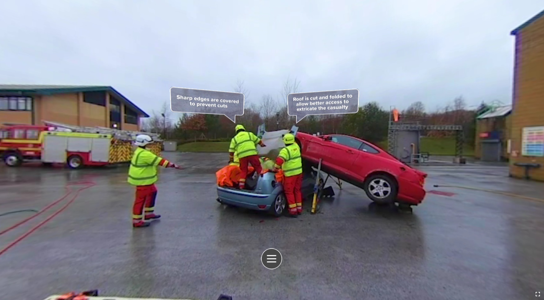 Image from the immersive training, where firefighters respond to the scene of a collision, where they extract and rescue a victim.