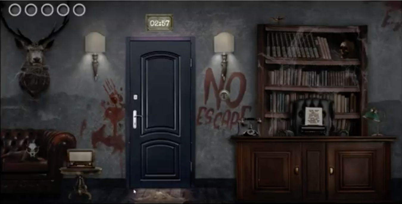 haunted office escape room dark mode with bloody hand prints on the wall and a skeleton cat