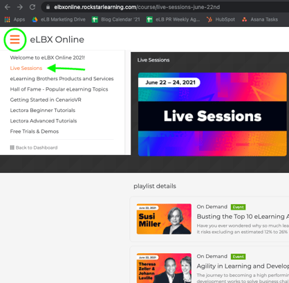 How to find the live session playlist from the side menu