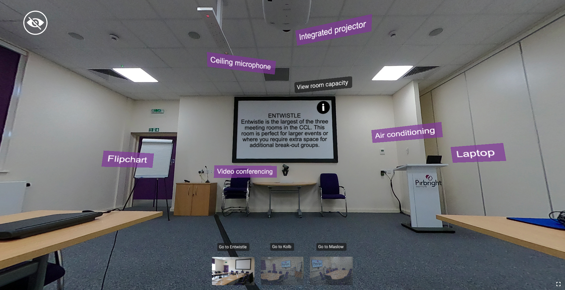 Image of a conference room with text boxes calling out different features