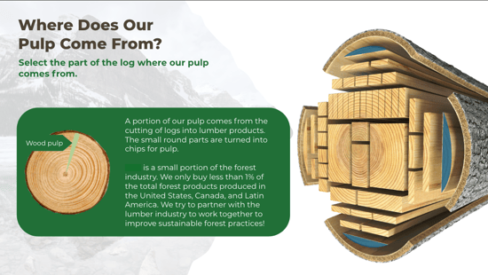 elearning interaction asking learner to select where wood pulp comes from in a log