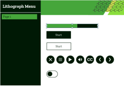 eLearning course template in green, showing styled buttons and progress indicator