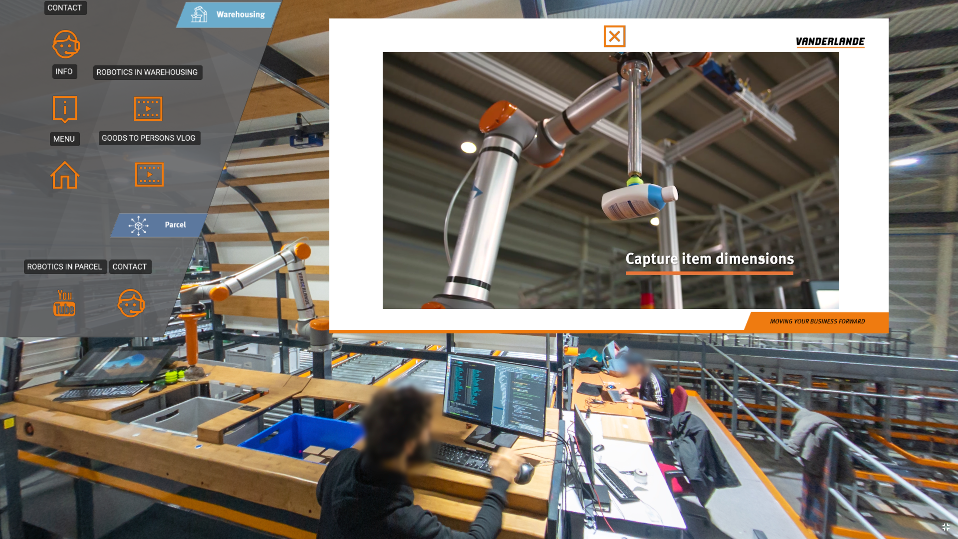 screenshot of a video embedded in the Vanderlande Innovation Center virtual tour