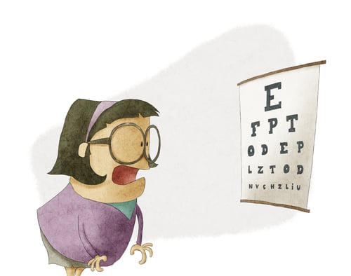 Illustration of woman in glasses trying to see letters on a eyesight test chart