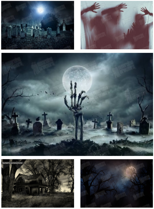 Creepy stock photos of cemeteries, skeletal hands, and haunted houses