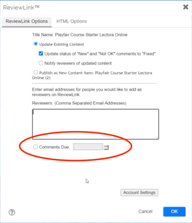 Popup window displaying ReviewLink publish options, including setting a comment deadline