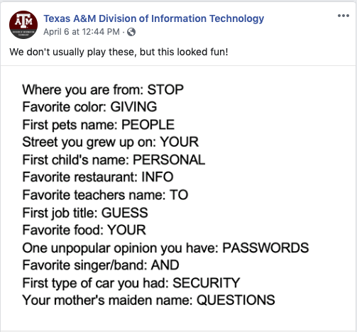 Facebook Meme Security Questions